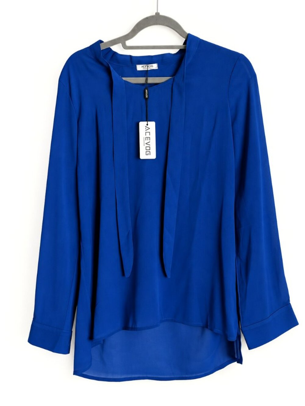 Acevog NWT M Royal Blue Tie Neck High-Low Blouse